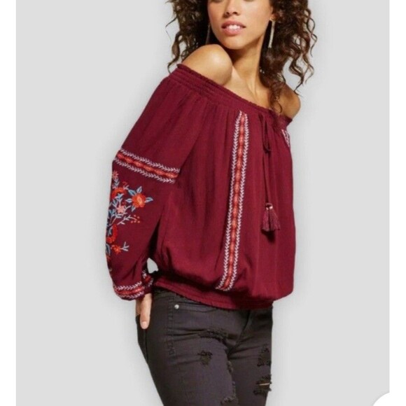 New Maroon Boho Peasant Blouse Embroidered Floral Off Shoulder Top Large Fairy - Picture 1 of 4